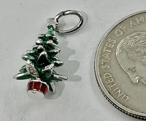 Vintage MCM 3D Enamel Christmas Tree Rhinestone Bracelet Charm Pendant Fob - Picture 3 of 5