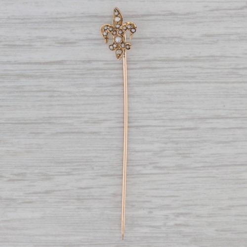 Ancien 10k or Jaune Bâton Broche Fleur de Lis Graine Perle Accents - Photo 1 sur 5