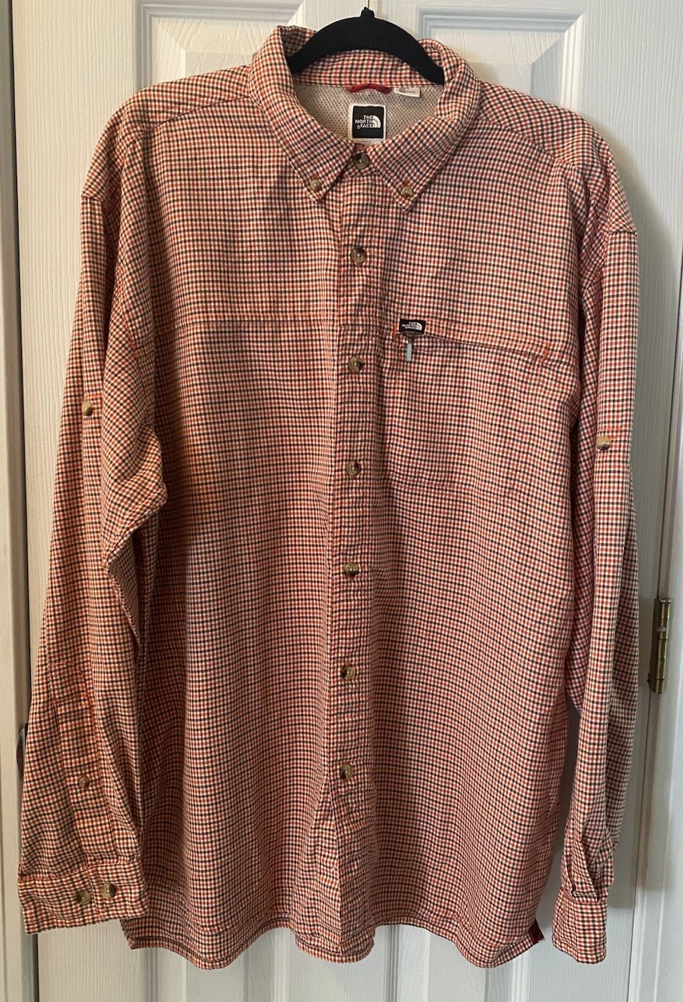 North Face Button Down Shirt Mens Large L Plaid Long Sleeve Hiking Orange Brown