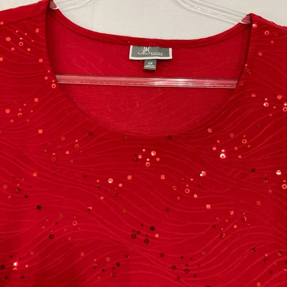 JM Collection size 2X Red Sparkling Sequins Stretch Knit 3/4 Sleeve Top Evening - Image 3 of 4