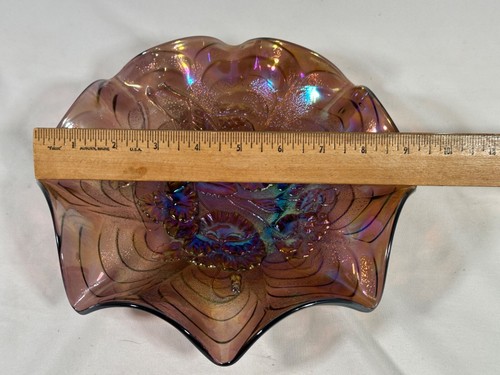 Vintage Imperial Carnival Glass 9 in Ruffled Bowl Pansy Pattern Purple Amethyst - Picture 11 of 14