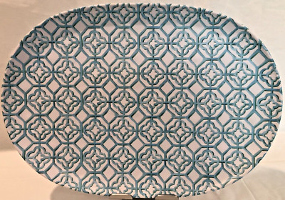 MERRIT MELAMINE - Oval Serving Tray Platter - Turquoise Trellis - 17'' x 12'' NEW