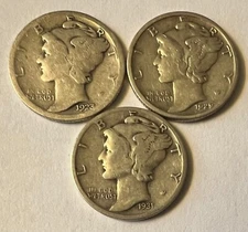 1923-P, 1929-P, 1931-S, SET OF 3 MERCURY DIMES, COINS SAME AS SHOWN IN PHOTO #24