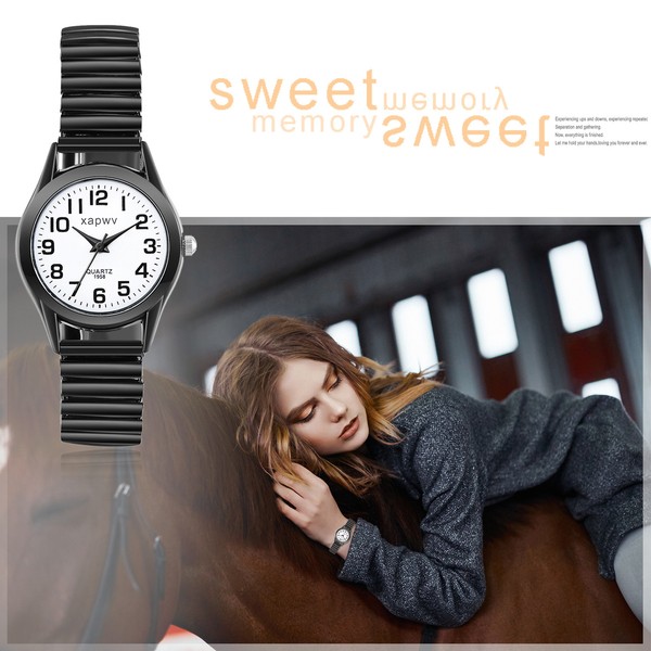 Reloj de Pulsera para Mujer, Correa Elástica Negra, Esfera Redonda con Números Arábigos, Cuarzo 5