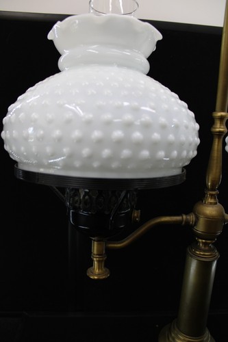 Vintage Double Arm Brass Student Hurricane Lamp w/ White Hobnail Shades {423} - Picture 3 of 10