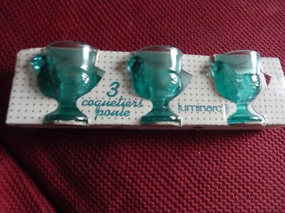 Vintage 3er Set Luminarc Türkis Blau Glas Huhn Eierbecher Frankreich ~ Neu
