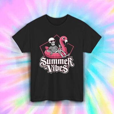Summer Vibes Shirt Skeleton Flamingo Float Funny Pool Party Graphic Tee S-5XL