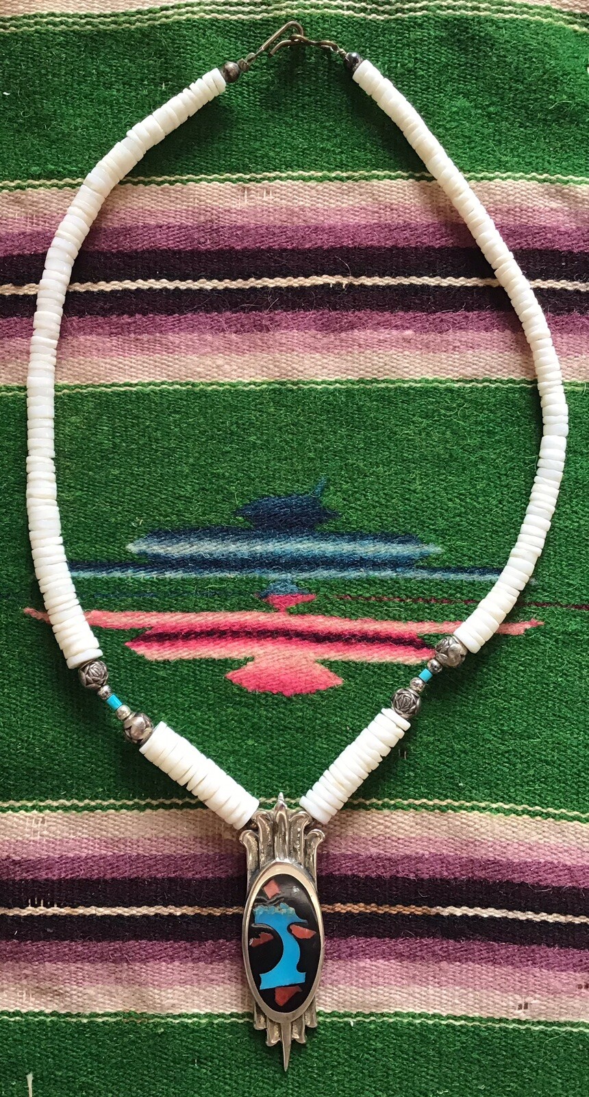 Zuni Necklace Unmarked Silver & Coral Poured Piece Gem