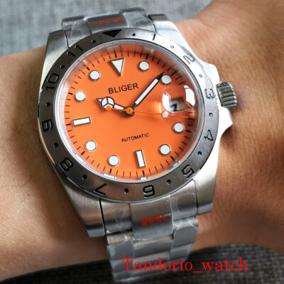 39mm Bliger Orange Dial NH35 Automatic Men Watch Sapphire Glass Oyster Band Date