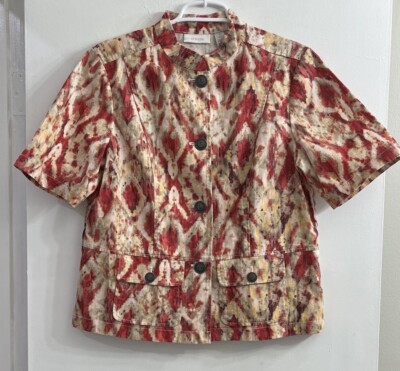 Chicos 1 Linen Cotton Short Sleeve Jacket Red Yellow Abstract Ikat Print Mock