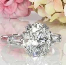 925 Sterling Silver 3.0 Ct Oval Baguette Simulated Diamond Three Stone Ring Gift