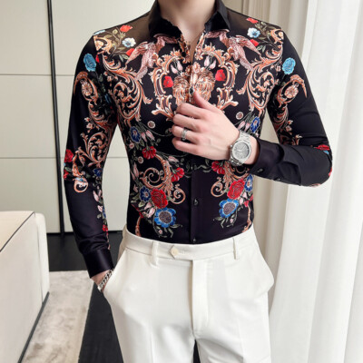 Mens Blouses Tops Floral Printed Slim Fit Long Sleeve Nightclub Casual Shirts