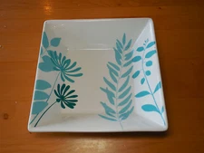 The Cellar by Macy's LINDEN 9 in Square Serving Bowl 1 ea Aqua Leaves on White