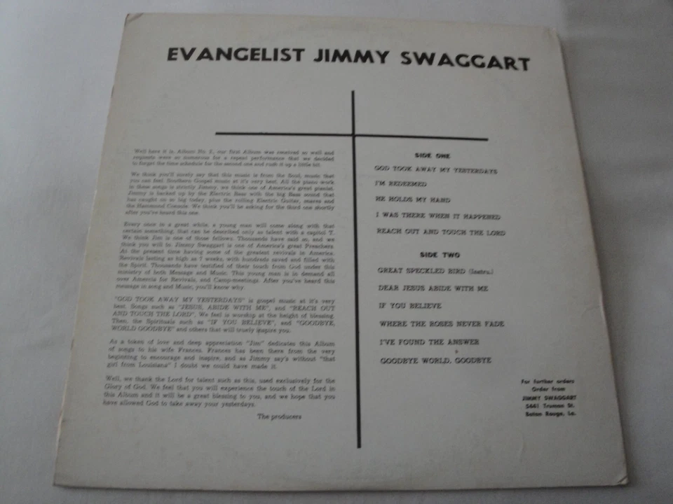 JIMMY SWAGGART God Took Away My Yesterdays VINYL LP ALBUM JIM RECORDS Foto 2 de 2