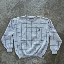 Vtg 90s SHENANDOAH Windowpane Golf Sweater Mens L Made in USA Gray Grid Grandpa