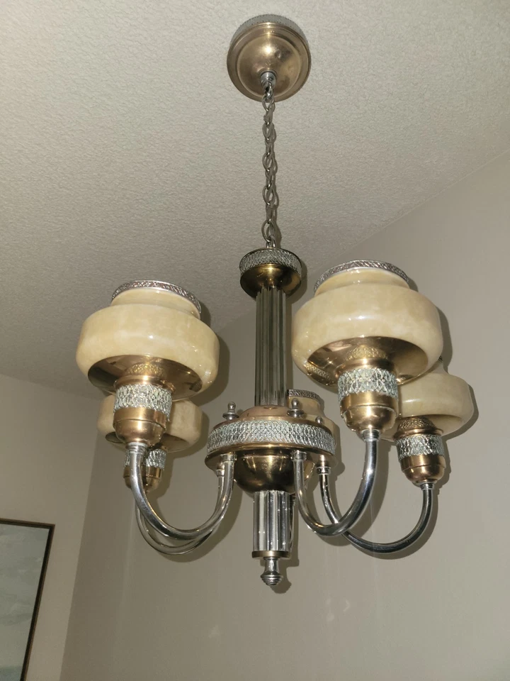 Raro: Lámpara de araña de 5 brazos "Sherwood" de vidrio de enmalle de 1938 Foto 2 de 4