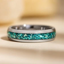 Silver Tungsten Ring with Blue Lab-Created Aquamarine Gemstone Inlay - 6MM