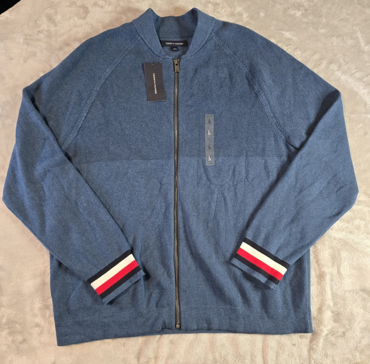 TOMMY HILFIGER MEN&apos;S HEATHER Blue BOMBER JACKET SIZE Large Full Zip Knit