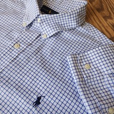 Ralph Lauren Shirt Plaid Check Button Down Front Blue White Size 17 34/35