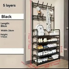 Black Metal Shoe Rack Organiser 3in1 Entryway Shelve W/hooks For Shoes Hats Etc