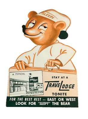 Travelodge Hotel Motel Die Cut Postcard Anthropomorphic Dressed Sleepy Bear A H6