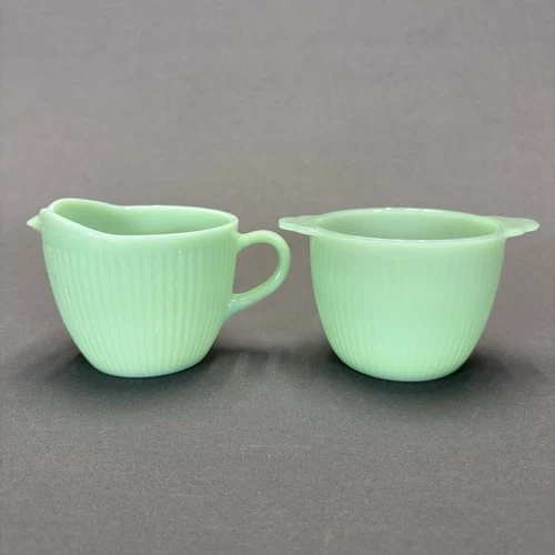 Fire King Jadeite Jane Ray Creamer and Sugar Bowl No Lid Anchor Hocking Glass