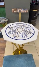 Handgefertigter Couchtisch aus weißem Marmor | Lapislazuli-Inlay, achteckiges...