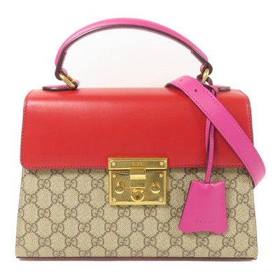 GUCCI GG GHW Supreme 2 Way Shoulder Bag Coated Canvas Leather Brown Red