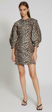 NWT GANNI Printed Cotton Poplin Mini Dress Leopard Size 38