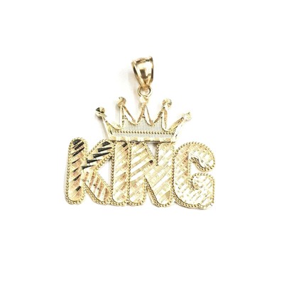 New 10k yellow Gold KING Crown word Pendant charm diamond cut fine jewelry 6.6g