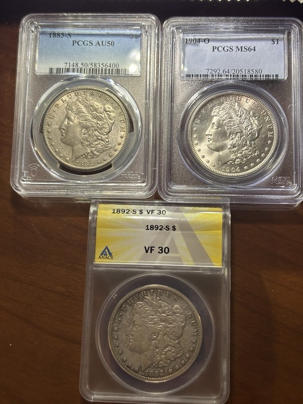 1892-S VF30, 1883-S Pcgs AU50, 1904-O Ms64 Morgan Silver Dollar 