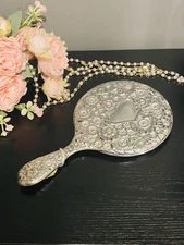 Vintage Hand-Held Vanity Mirror Silver-Plated Ornate Victorian Design Heavy 9.5”