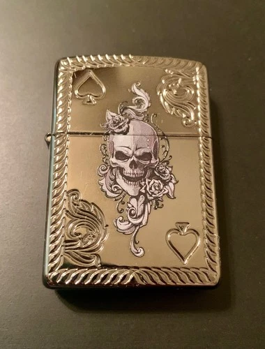 Zippo Lighter - Armor High Polish Skull & Ace of Spades New