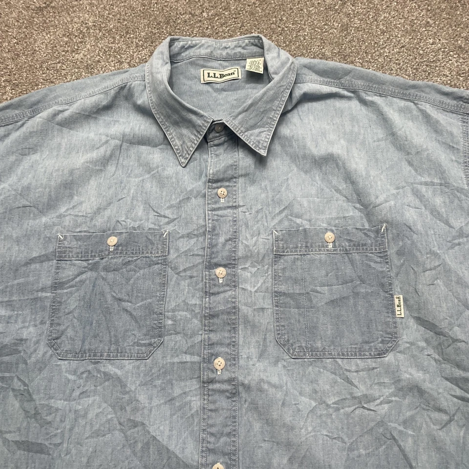 L.L.Bean Shirt Mens 2XL Blue Chambray Short Sleeve Button Down Double Pocket - Image 2 of 4