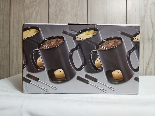 KOVOT Set Of 2 Ceramic black FONDUE MUGS w/4 FORKS, hold 1 cup, no tea lights - Imagen 17 de 22