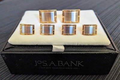 Jos A Bank Tuxedo Cufflink Stud Set Gold Frame & Brushed Silver Design