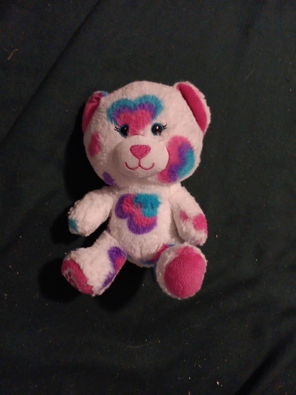Build a Bear Buddies Bear White w/ Blue Pink Purple Hearts 7" Plush Stuffed 