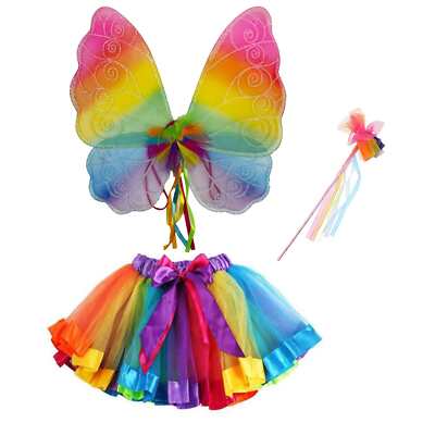 Zac's Alter Ego  3-teiliges Kostüm Regenbogenflügel, Stab & Tutu Fee Set