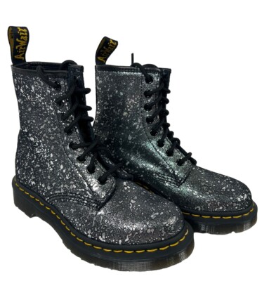 Dr. Martens Metallic Splatter Suede Lace- Up Women s Boots Size 5 Black/ Silver 