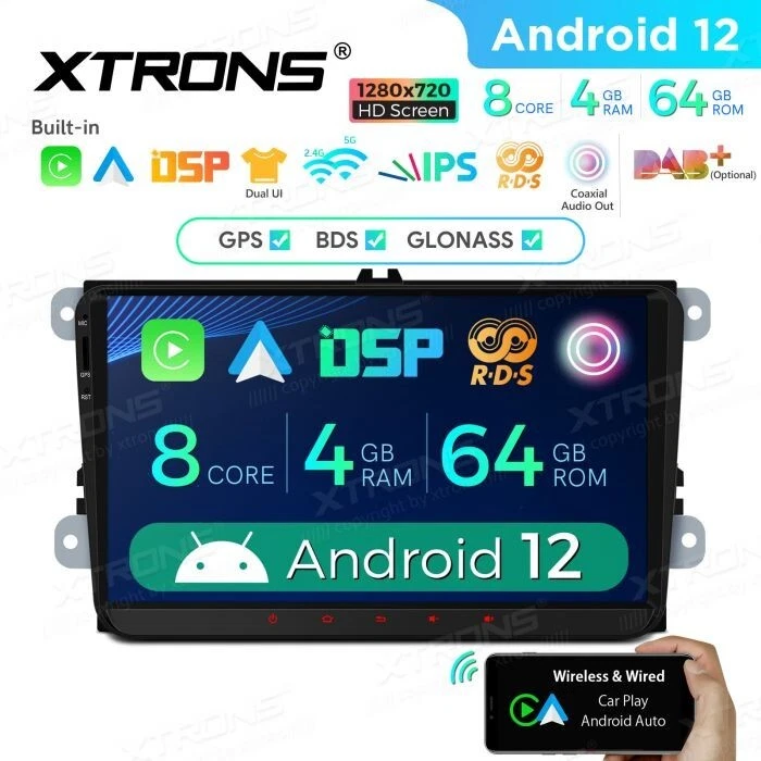 AUTORADIO ANDROID 12 STEREO 4/64GB AUTO VOLKSWAGEN SEAT SKODA GOLF POLO XTRONS - Immagine 3 di 4