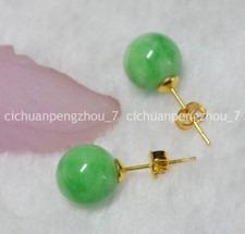 Pretty 10mm Natural Green Jadeite Jade Round Beads Gold Plated Stud Earrings