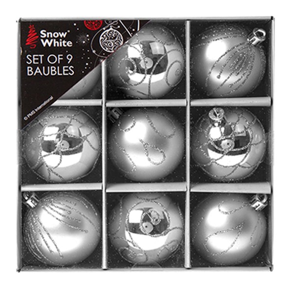 Snow White Bruchsicher Christbaumschmuck - 9 Packung 60Mm Kugeln Silber-image