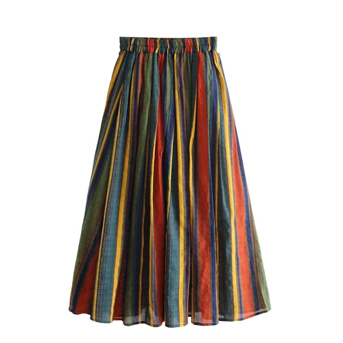 Womens Casual Cotton Linen Multicolors Stripe Elastic Waist A Line Midi Skirt - Bild 1 von 2