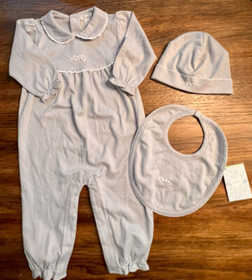 KISSY KISSY GIRLS GRAY ROSETTE ROMPER BIB HAT SET 9 MONTHS 100% PIMA COTTON