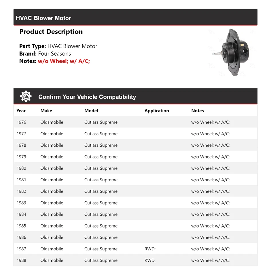 Motor soplador de climatización Oldsmobile Cutlass Supreme 1976-1988 4 estaciones 1977 1978 Foto 2 de 4
