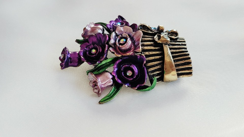 Brooch Flower Basket Metallic Enamel Aurora Borealis Diamantes
