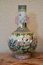 ANTIQUE Chinese vase, Qianlong mark,Qing dynasty. Heron,Pine tree,Camelia motifs