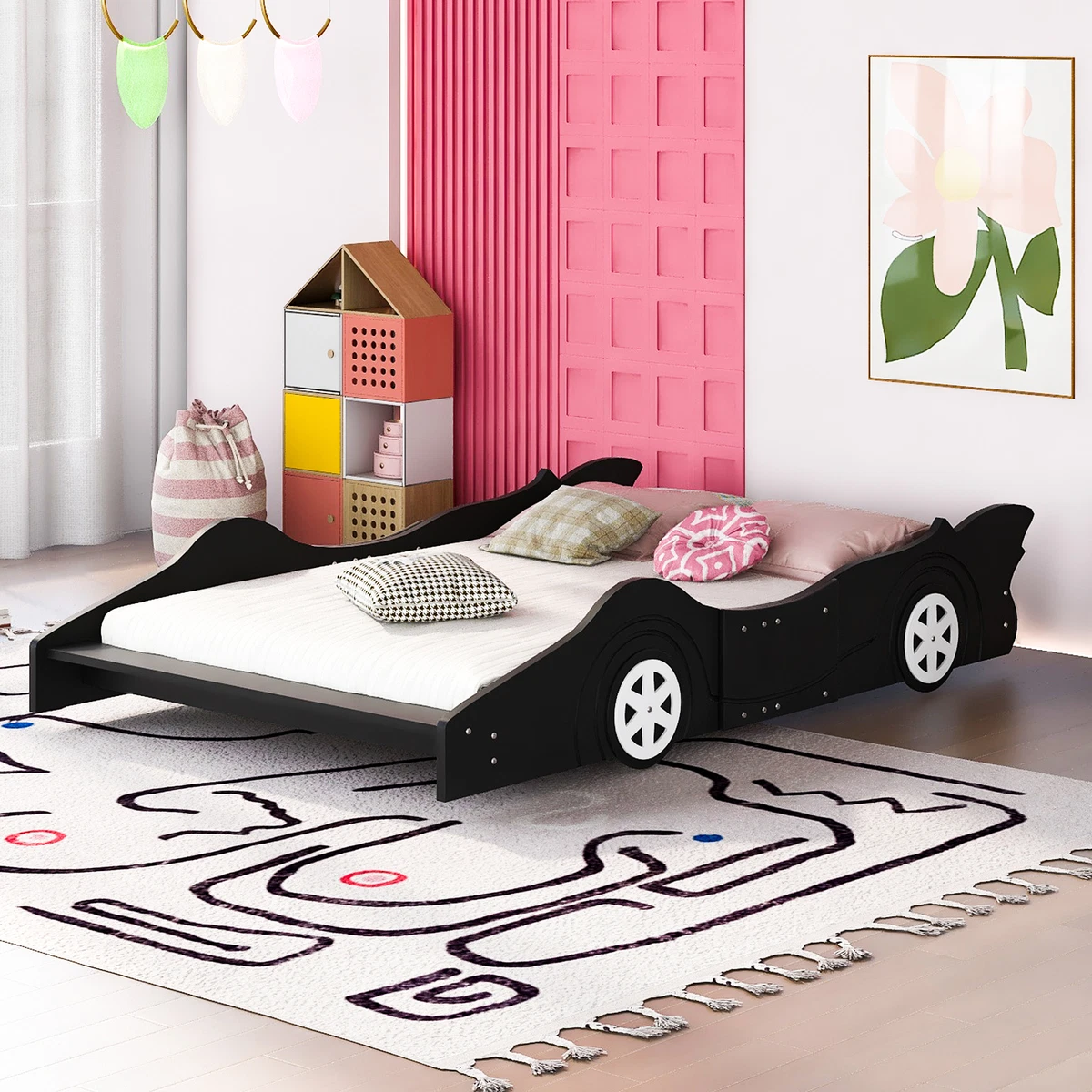 Race Car Shaped Platform Bed with Wheels Solid Wood Bed Frame for
