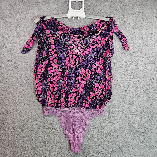 New Intimately Free People Bare It All Bodysuit Size Small Floral Purple Pink -S