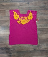 Handmade Fuchsia Pink Blouse from Oaxaca, Mexico   Yellow Embroidered Flowers, F